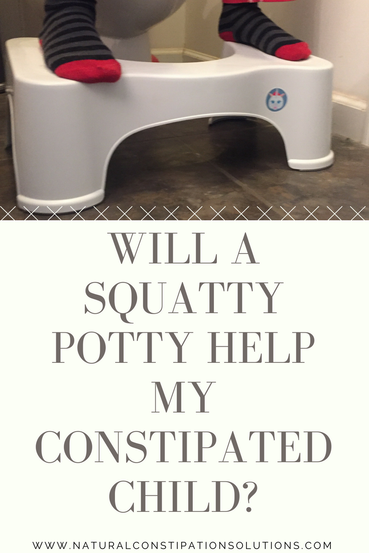Will a Squatty Potty Help my Constipated Child? We are built to have a bowel movement in a squatting position. Sitting on a toilet is especially hard on a child when their legs are dangling. Using a Squatty Potty can get them in the proper position to poop easily and with out pain. #ConstipationRelief #SquattyPotty NaturalConstipationSolutions.com
