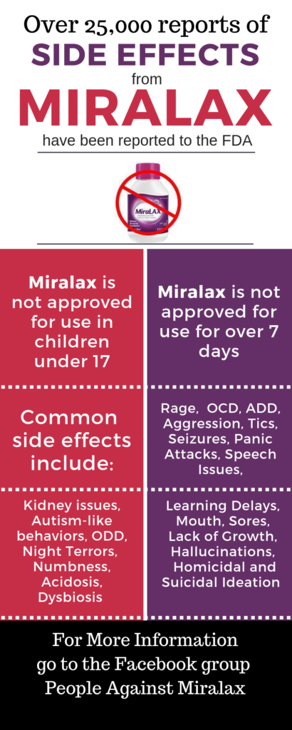 Alternatives to Miralax | Miralax is not approved for use in children under 17. Over 25,000 reports of adverse events have been reported to the FDA. There are safe and effective alternatives to Miralax for constipation relief in children. #Constipation #ConstipationRelief #Miralax NaturalConstipationSolutions.com